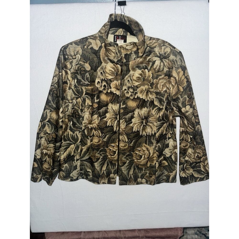 Vintage R & K Tapestry Floral Blazer Jacket Olive Tan Lightwt Zip Couch Sz 14P